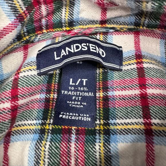 Men's Lands'end Red & Green Plaid Flannel Button Down Shirt Size Large - Picture 3 of 7
